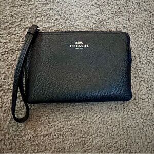 Coach Black Pebbled Leather Wristlet with Silver Logo